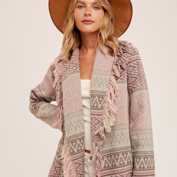 New Western Fringe Sweater Coat Southwest Boho Long Cardigan, Cowichan Vtg - Picture 8 of 10